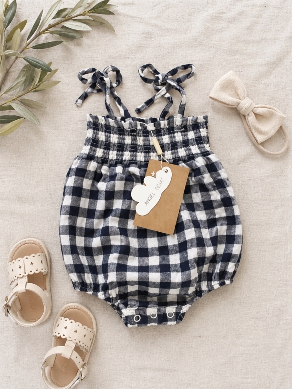 Angel Dear Navy Gingham Romper 0-3M NWT Baby Summer Bubble Tie Strap